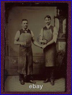 Gay Interest Butcher Holding Hands Antique Tintype Photograph Chopper Tool