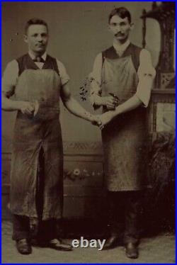 Gay Interest Butcher Holding Hands Antique Tintype Photograph Chopper Tool