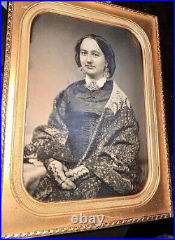 HALF PLATE 1850s Daguerreotype Photo Pretty Woman in Shawl Mona Lisa Smile