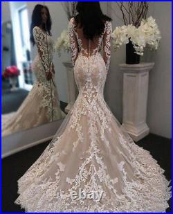 Illusion Long Sleeves Lace Applique Mermaid Wedding Dresses Bridal Gowns Custom