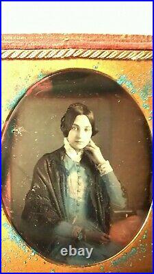 Incredibly Beautiful 1850's Lady! Hand Colored Blue Dress! 1/6th Plate Half Case
