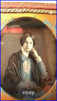 Incredibly Beautiful 1850's Lady! Hand Colored Blue Dress! 1/6th Plate Half Case