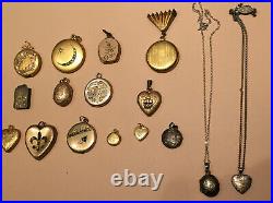 Lot of 15 Antique Vintage Photo Locket Pendants Gold Filled & Sterling/. 950 NICE