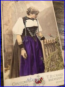 Lot of 3 Beautiful Antique Tinted CDV Photo Swiss Clothing / Costume Dress 1800s