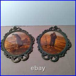 Matching Pair Antique Ornate Metal Convex Glass Picture Frames brik