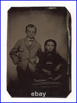 OLD VINTAGE ANTIQUE TINTYPE PHOTO of HANDSOME YOUNG BOY & GIRL BROTHER & SISTER