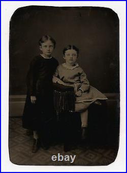 OLD VINTAGE ANTIQUE TINTYPE PHOTO of PRETTY CUTE YOUNG GIRLS with SHORT GIRL HAIR