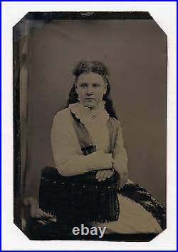 OLD VINTAGE ANTIQUE TINTYPE PHOTO of PRETTY LOVELY YOUNG TEEN GIRL with LACE SHAWL