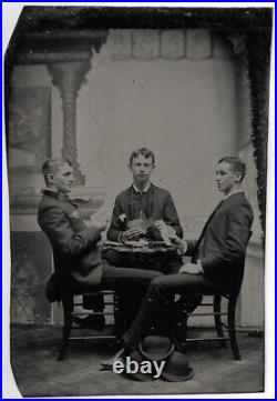 ORIGINAL GAMBLING TINTYPE Handsome Young Men Playing Cards ANTIQUE PHOTO Poker