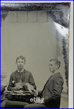 ORIGINAL GAMBLING TINTYPE Handsome Young Men Playing Cards ANTIQUE PHOTO Poker