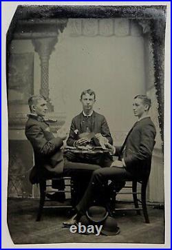 ORIGINAL GAMBLING TINTYPE Handsome Young Men Playing Cards ANTIQUE PHOTO Poker