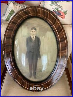 OVAL ANTIQUE Vtg TIGER STRIPE wooden BUBBLE GLASS CONVEX WOOD FRAME with picture