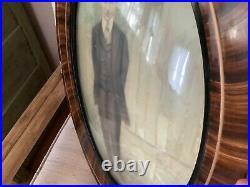 OVAL ANTIQUE Vtg TIGER STRIPE wooden BUBBLE GLASS CONVEX WOOD FRAME with picture