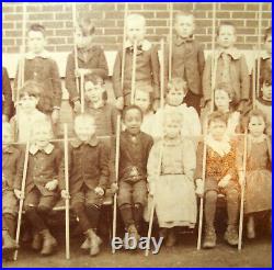 Old Antique Vtg 1880s Cabinet Card Photo Group 39 Children Each With Large Stick