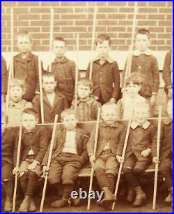 Old Antique Vtg 1880s Cabinet Card Photo Group 39 Children Each With Large Stick