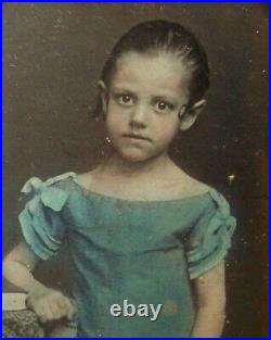Old Antique Vtg Ca 1850s Daguerreotype Photo Young Girl Blue Dress Great Dag