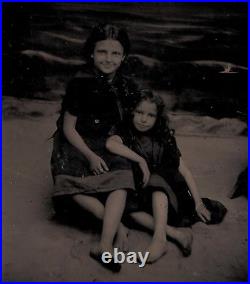 Old Vintage Antique Photo Cute Pretty Young Girls Sisters Girl On Beach Scene