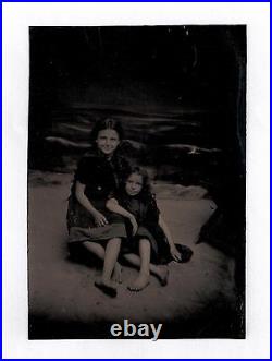 Old Vintage Antique Photo Cute Pretty Young Girls Sisters Girl On Beach Scene