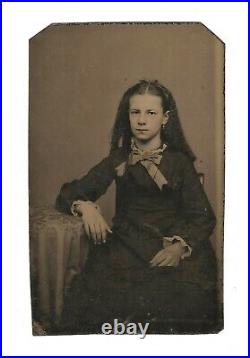 Old Vintage Antique Tintype Photo Pretty Young Girl with Long Frizzy Hair & Bowtie