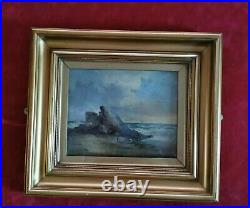 Original Antique Oil Painting Signed Gold Gilt Framed Picture. Rocks on Beach
