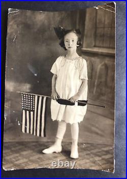 Original Antique Photo of Beautiful Child holding American Flag OOAK