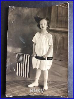 Original Antique Photo of Beautiful Child holding American Flag OOAK