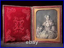 Outstanding Tinted 1/2 Plate Daguerreotype Woman With Basket On The Table