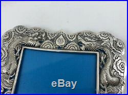 Pair Antique Chinese Export Silver Photo Frames with Dragons by WC