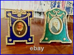 Pair Faberge Photo Frames Green Blue Enamel Guilloche Picture Russian Imperial