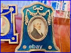 Pair Faberge Photo Frames Green Blue Enamel Guilloche Picture Russian Imperial