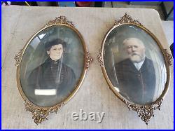 Pair Vintage Antique French Gilt Bronze Gold Oval Picture Frame Convex Glass