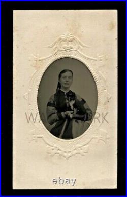 Pretty Woman Holding a Cute Cat or Kitten 1860s Tintype Photo Antique RARE VTG