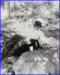 RARE ANTIQUE ARTISTIC PHOTO! BEAUTIFUL WOMAN PICNICS IN FOREST Historic FASHION