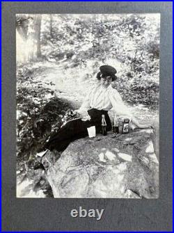 RARE ANTIQUE ARTISTIC PHOTO! BEAUTIFUL WOMAN PICNICS IN FOREST Historic FASHION