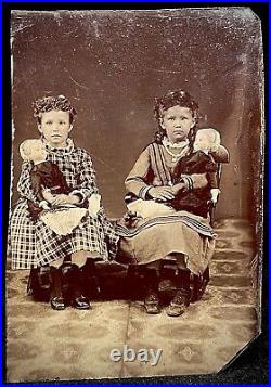 Super Rare 1/6 Plate Tintype Two Gorgeous Twins With Their Twin Dolls