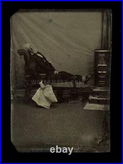 Unusual Tintype Photo Man Holding Newspaper Smoking Slippers, Parlor