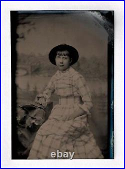 VINTAGE ANTIQUE TINTYPE PHOTO GIRL with BOW BRIDGE CENTRAL PARK NEW YORK BACKDROP