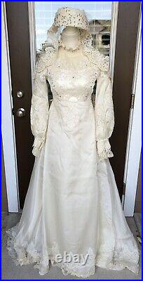 VTG 70s GUNNE SAX Style Ivory Lace Wedding Dress Gown Sz 8/10 Prairie Victorian