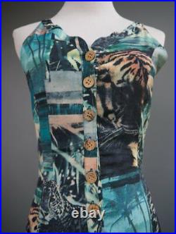 VTG 70s Photo Realistic Mod Tiger Big Cat Graphic Body Con Disco Maxi Dress XS S