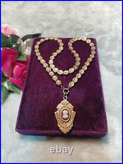 Victorian Antique Gold-Filled Book Chain Necklace & Cameo Glass Photo Locket