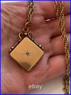 Victorian Gold Filled Square Diamond Picture Locket Pendant Fob Watch Necklace