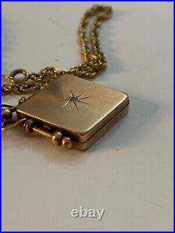 Victorian Gold Filled Square Diamond Picture Locket Pendant Fob Watch Necklace
