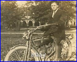 Vintage 1909 Reading Standard Motorcyle Handsome Man Lantern Antique Photo