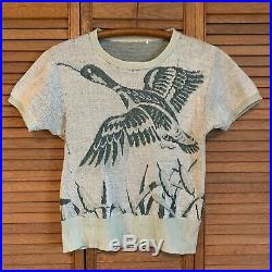 Vintage 1940s 50s Duck Picture Knit Short Sleeve Novelty Sweater XS S M