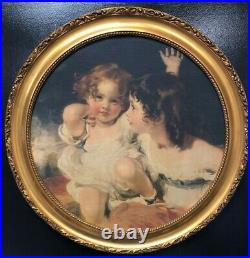 Vintage 24 1/2 Inches Diameter Round Gilt Wood Picture Frame & Printed Picture