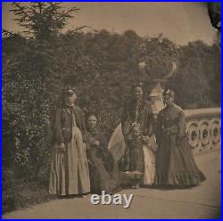 Vintage Antique 1870 Tintype Photo Bow Bridge Ladies Central Park New York City