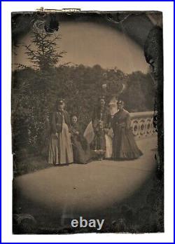 Vintage Antique 1870 Tintype Photo Bow Bridge Ladies Central Park New York City