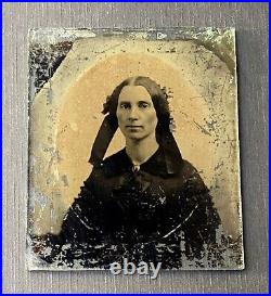 Vintage Antique Ambrotype Photo Young Lady Woman with Pretty Smile & Cameo Brooch