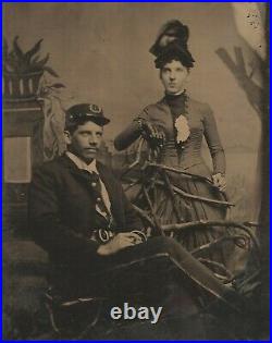 Vintage Antique Civil War Tintype Photo Union Army Uniform Soldier & Pretty Lady