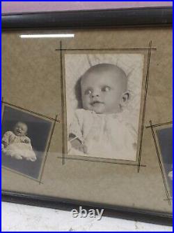 Vintage Antique Framed Black And White Baby Photos Happy Laughing Adorable 30x11